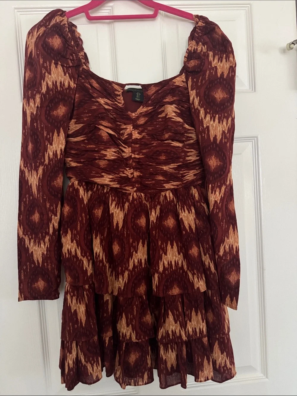 House Of Harlow 1960 Boho Metallic Ruffle Tiered Long Sleeve Mini Dress Small